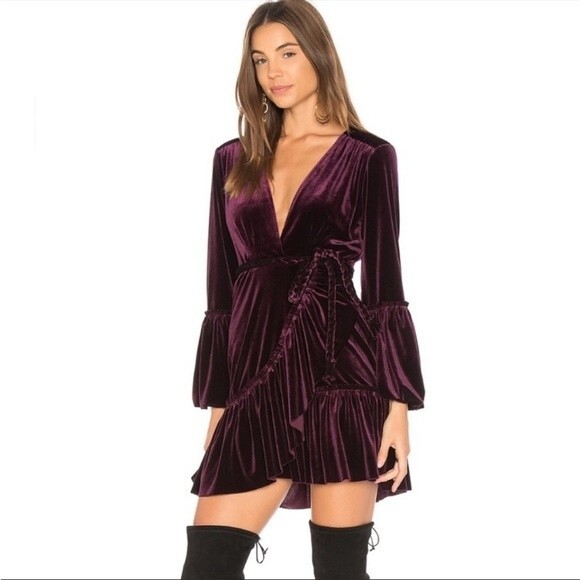 NWOT MISA Los Angeles Corinne holiday velvet wrap mini dress size XS dark cherry - Picture 3 of 10